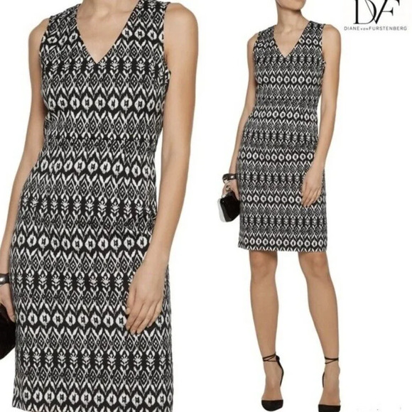 Diane von Furstenberg Trisha Sheath Dress Womens Size 6 Black White Ikat Geo Zip - Picture 16 of 16